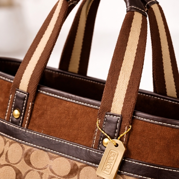 Coach Brown Signature Suede & Canvas Tote Bag - Picture 4 of 9